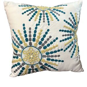 Pier 1 Embroidered Sunburst Pillow Teal Gold White 16 x 16